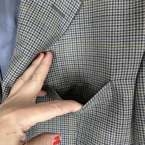 Vtg Ralph Lauren Blazer Men 42R Silk Wool Blue Houndstooth 3-Button Suit Jacket - Picture 5 of 13